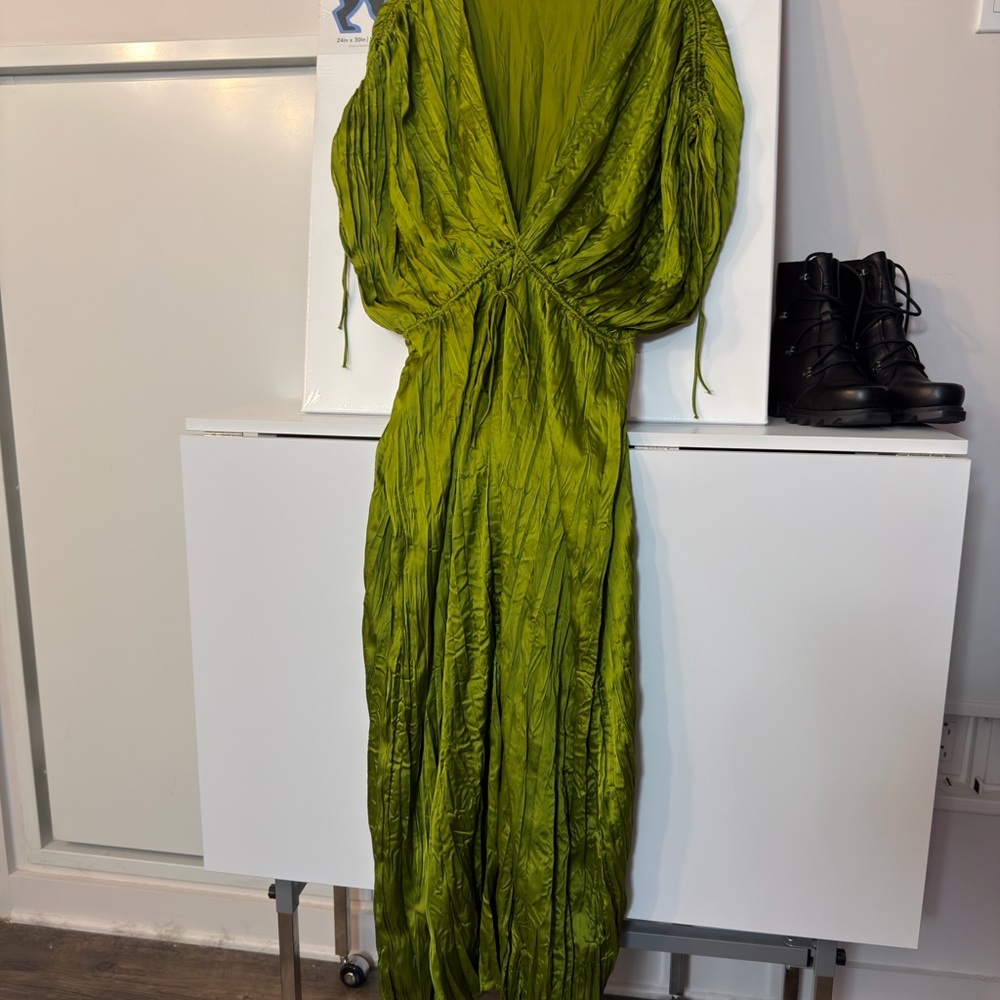 Olive Green Maxi Dress with Ruched V-Neck